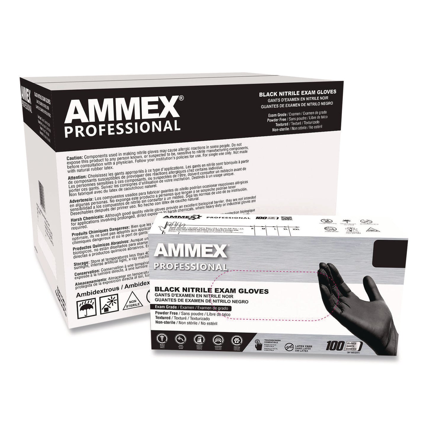 AMMEX® Professional Nitrile Exam Gloves, Powder-Free, X-Large, 3 mil Thick, Black, 100/Box (AXCABNPF48100)