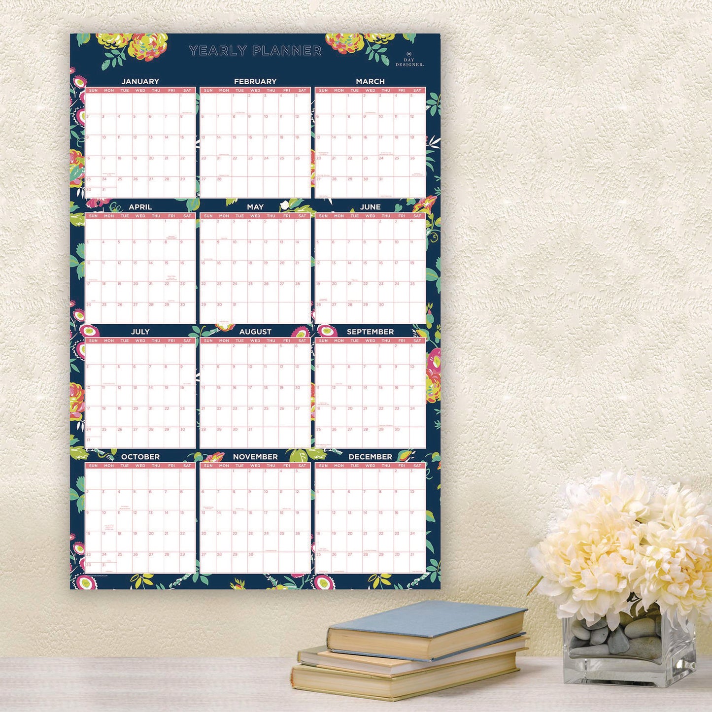 Blue Sky® Day Designer Peyton Laminated Erasable Wall Calendar, Floral Artwork, 36 x 24, White/Navy Sheets, 12-Month (Jan to Dec): 2026 (BLS103632)