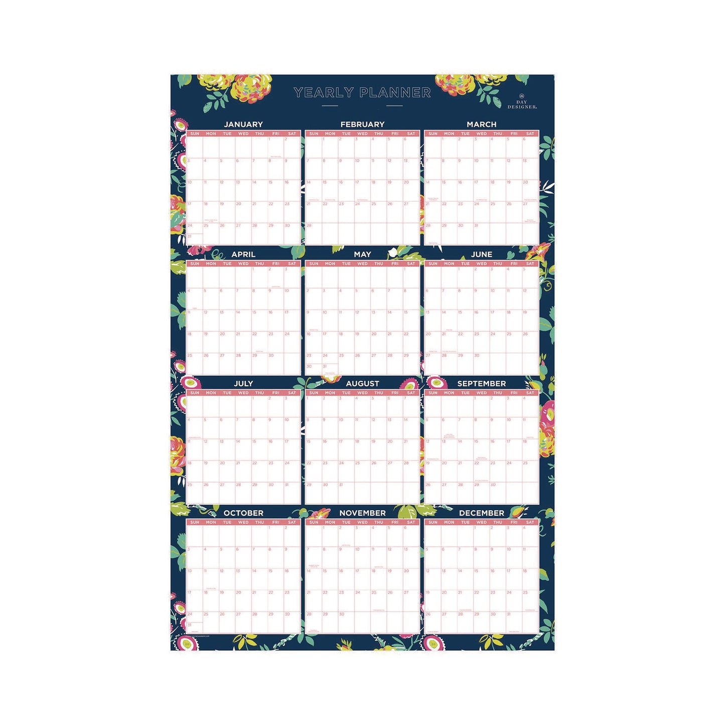 Blue Sky® Day Designer Peyton Laminated Erasable Wall Calendar, Floral Artwork, 36 x 24, White/Navy Sheets, 12-Month (Jan to Dec): 2026 (BLS103632)