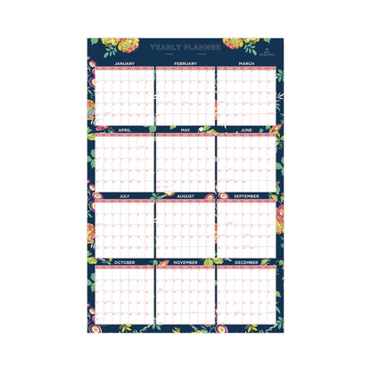 Blue Sky® Day Designer Peyton Laminated Erasable Wall Calendar, Floral Artwork, 36 x 24, White/Navy Sheets, 12-Month (Jan to Dec): 2026 (BLS103632)