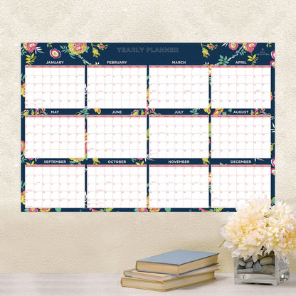 Blue Sky® Day Designer Peyton Laminated Erasable Wall Calendar, Floral Artwork, 36 x 24, White/Navy Sheets, 12-Month (Jan to Dec): 2026 (BLS103632)