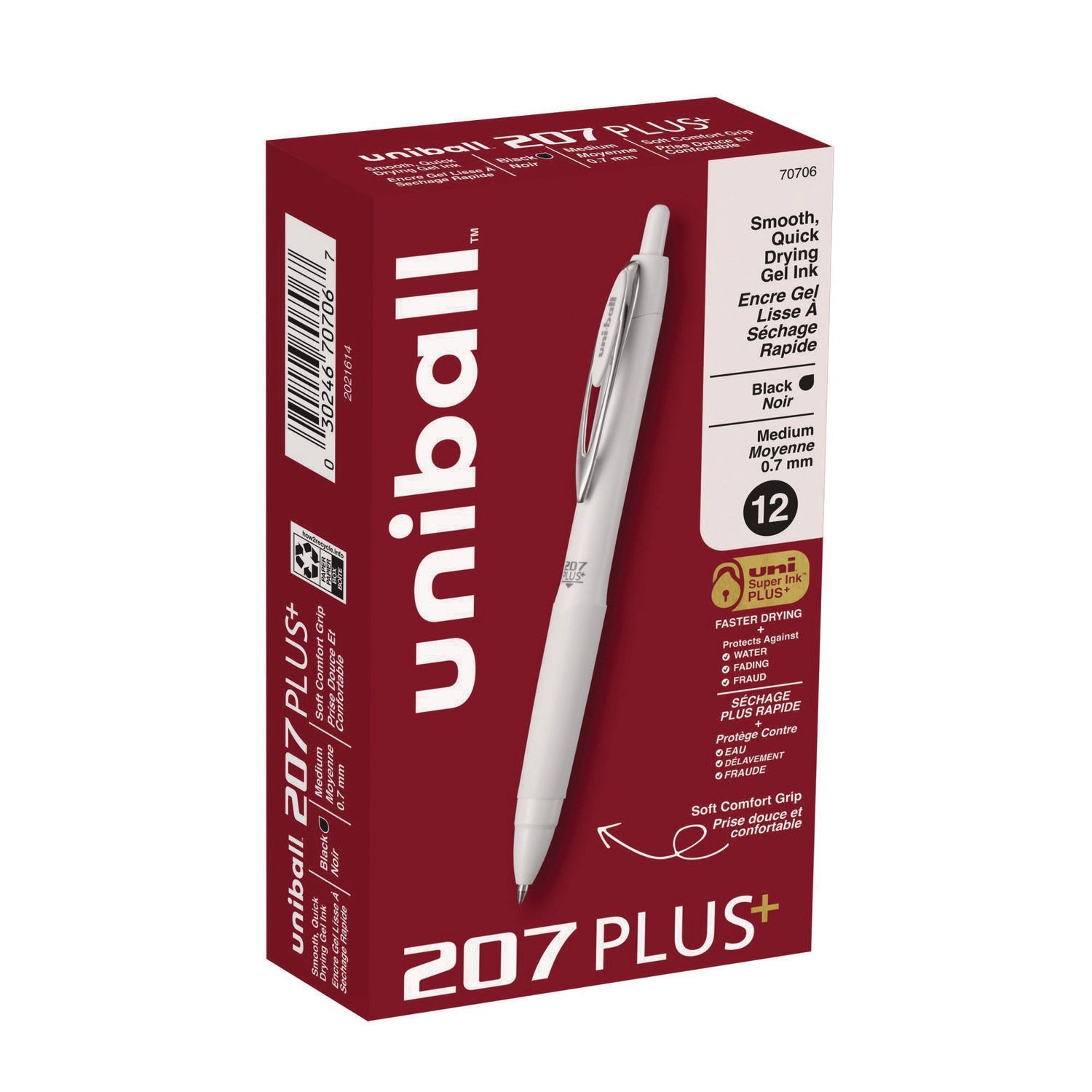 uniball-207-plus-gel-pen-retractable-medium-0-7-mm-black-ink-white-barrel-dozen-ubc70706_1