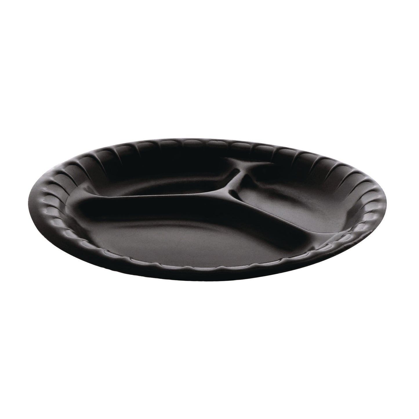 Pactiv Evergreen Placesetter Deluxe Laminated Foam Dinnerware, 3-Compartment Plate, 9" dia, Black, 200/Carton (PCTYCI81113)