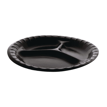 Pactiv Evergreen Placesetter Deluxe Laminated Foam Dinnerware, 3-Compartment Plate, 9" dia, Black, 200/Carton (PCTYCI81113)