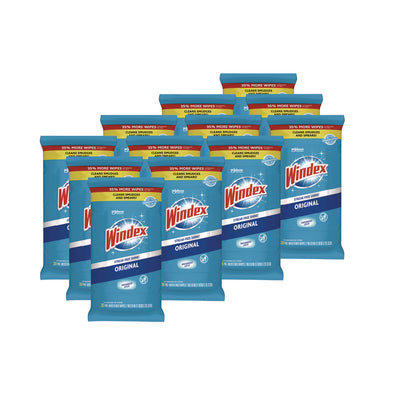 Windex® Glass and Surface Wet Wipe, Cloth, 7 x 8, Unscented, White, 38/Pack, 12 Packs/Carton (SJN378032)