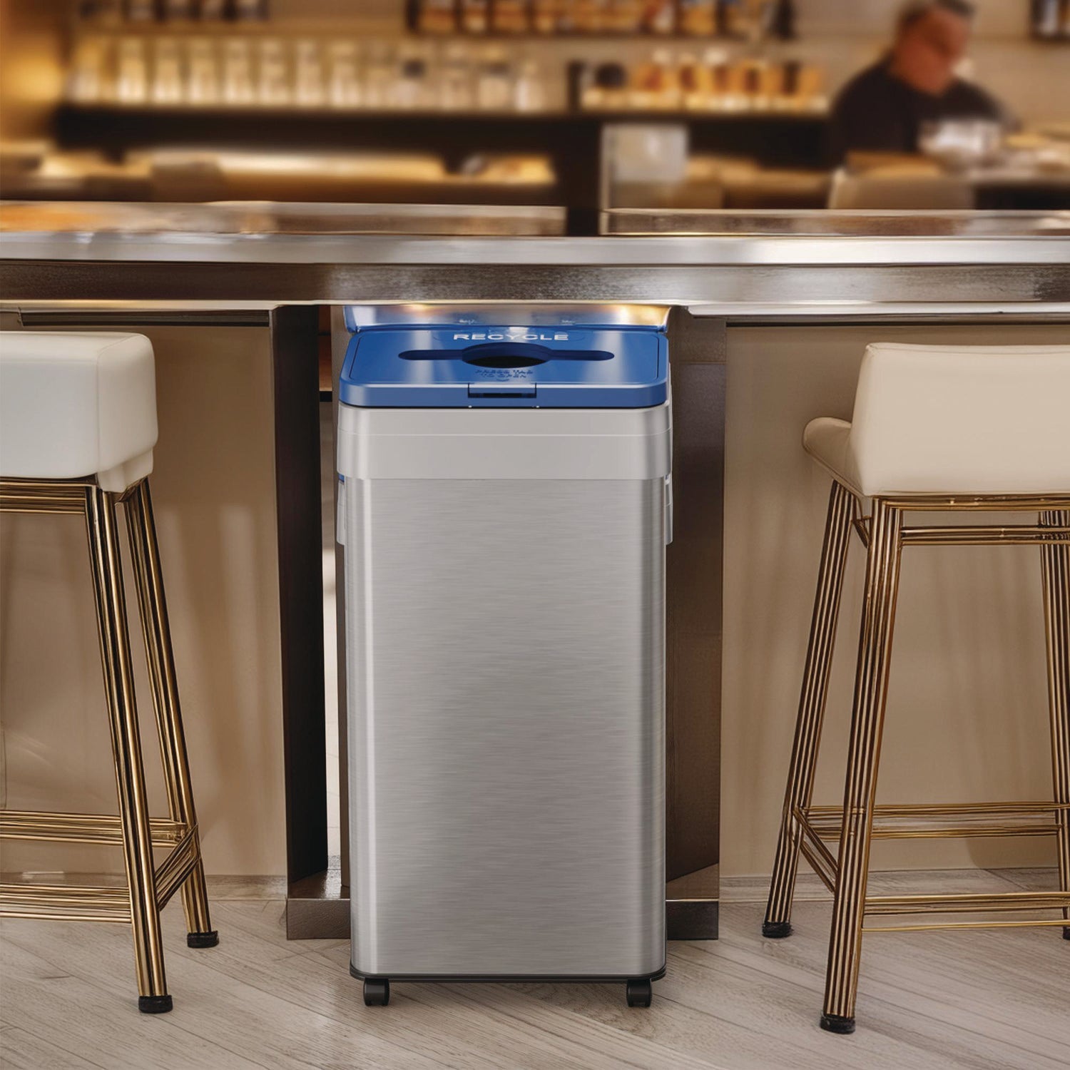 hls-commercial-r-open-top-recycling-bin-with-wheels-and-color-coded-lid-21-gal-plastic-stainless-steel-silver-blue-hlmhls21uotmrec_3