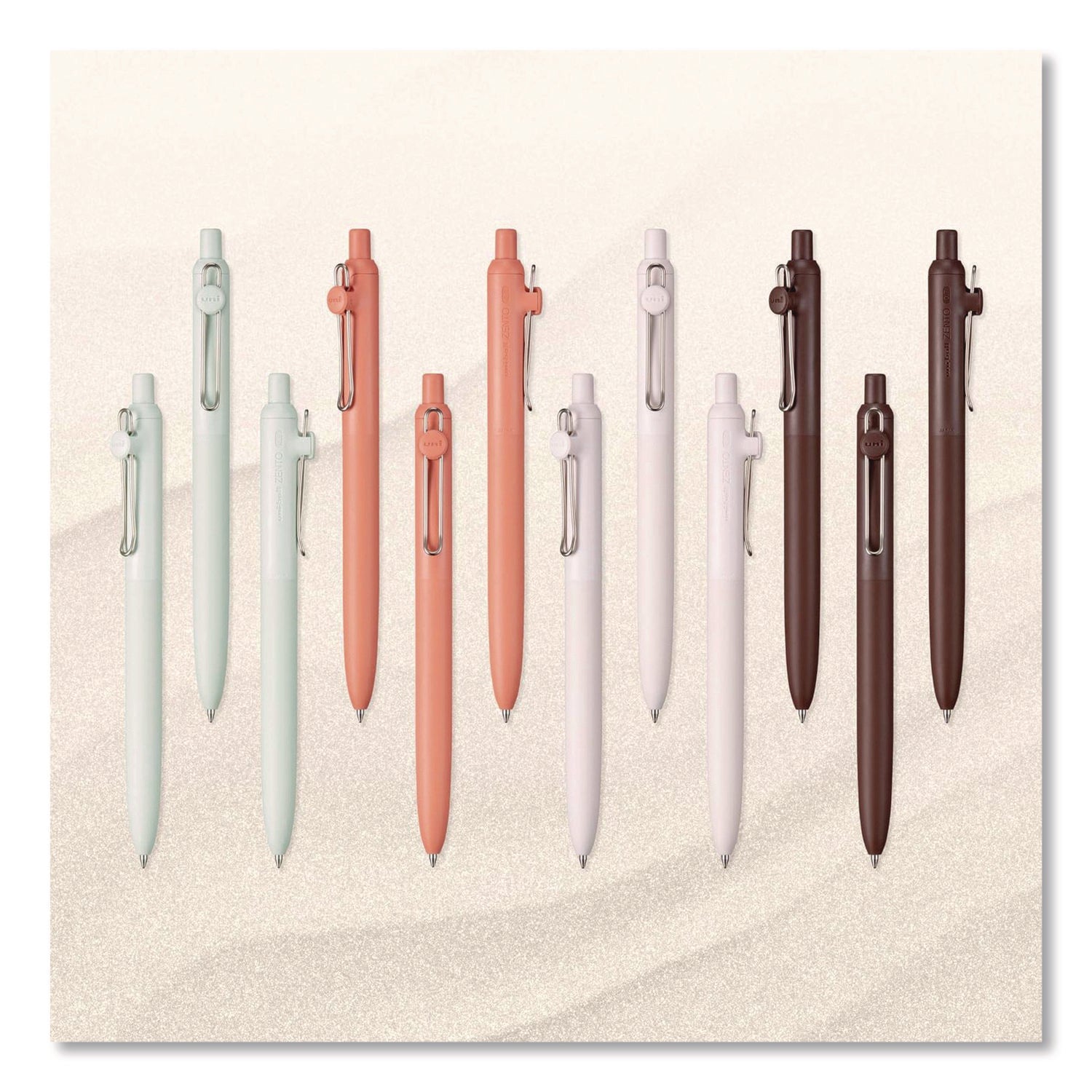 uniball-zento-gel-pen-retractable-medium-0-7-mm-black-ink-adobe-linen-mist-umber-barrel-colors-dozen-ubc70660_3