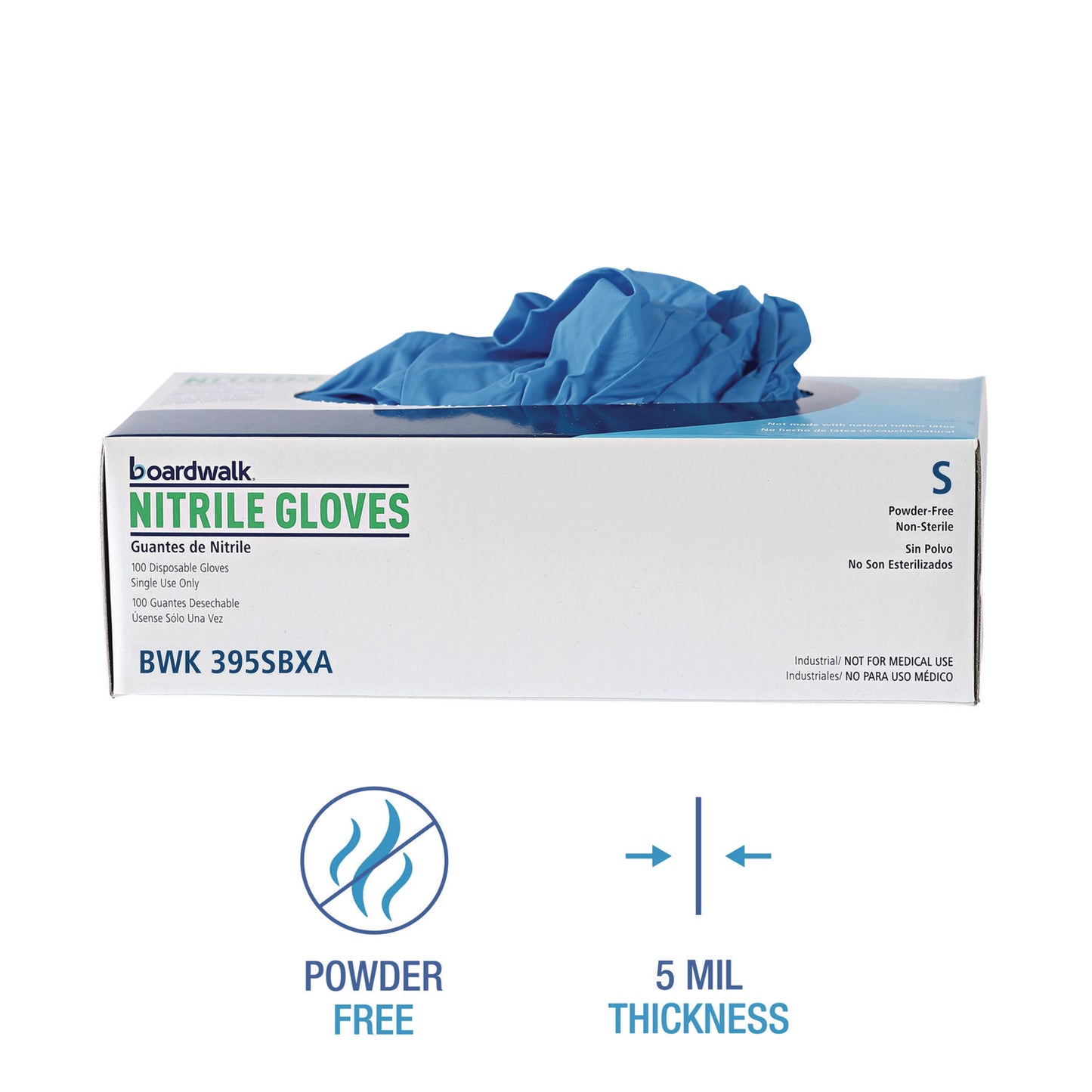Boardwalk® Blue Disposable Nitrile Gloves, 380 Series, Powder-Free, Small, 4 mil Thick, 9.5" Long, Blue, 100/Box, 10 Boxes/Carton (BWK370SCT)