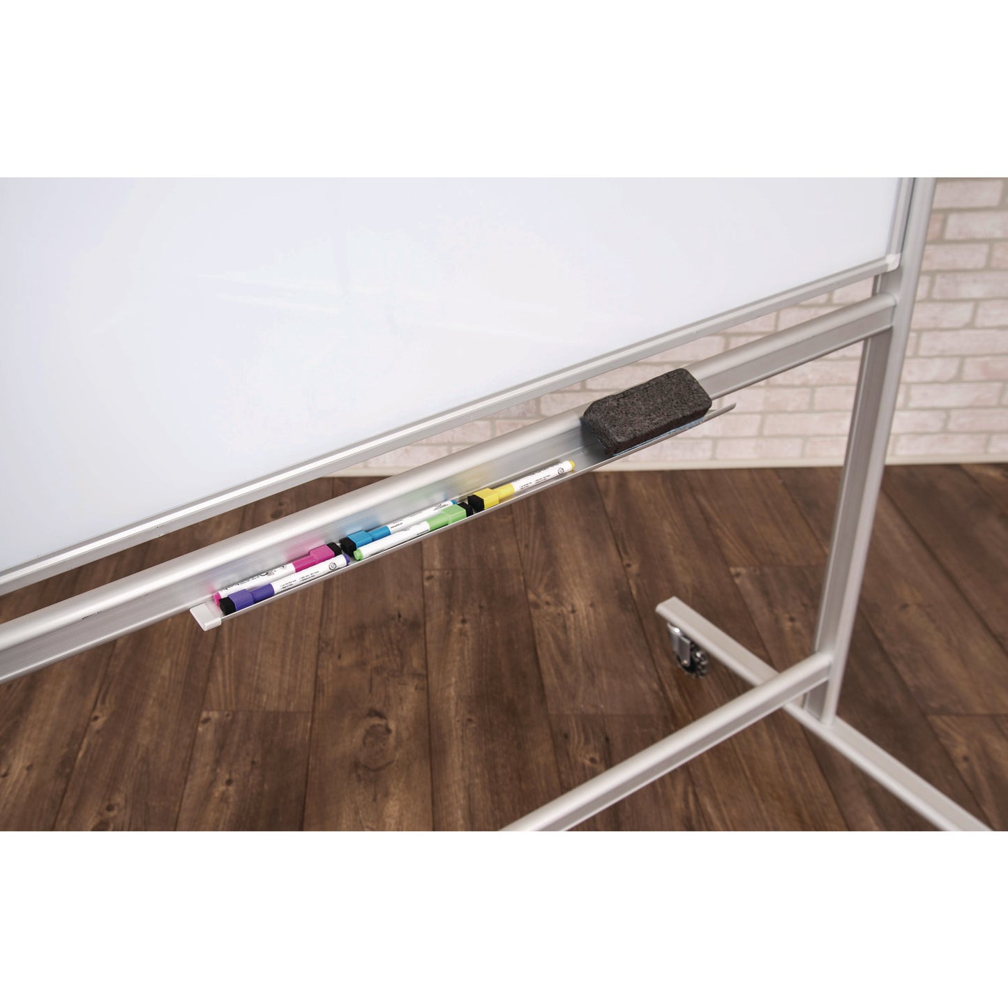 Luxor Mobile Magnetic Glass Dry Erase Board, 60" x 40", White Surface, Silver Aluminum Frame (LXCMMGB6040)