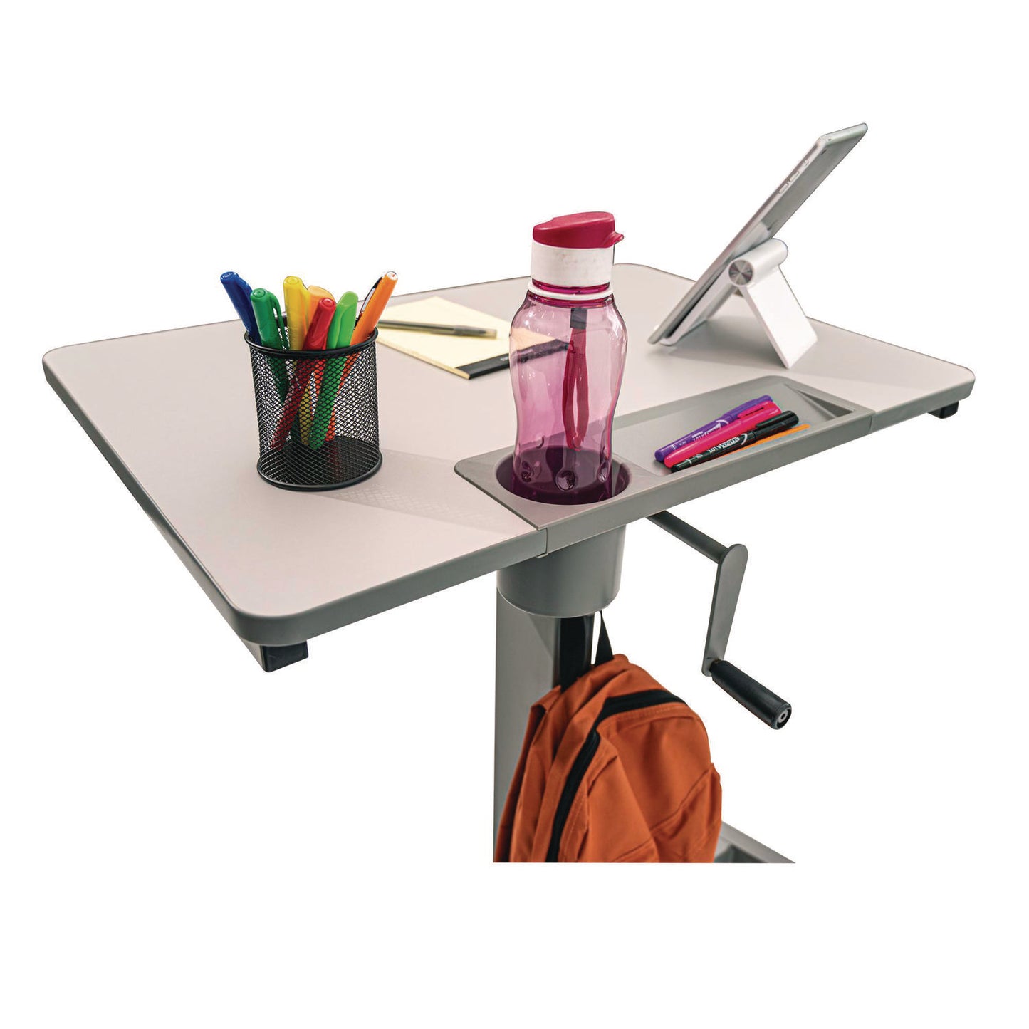 Luxor Sit Stand Student Desk with Crank Handle, 27.5 x 19.5 x 26.25 to 42, White/Gray (LXCSTUDENTC)