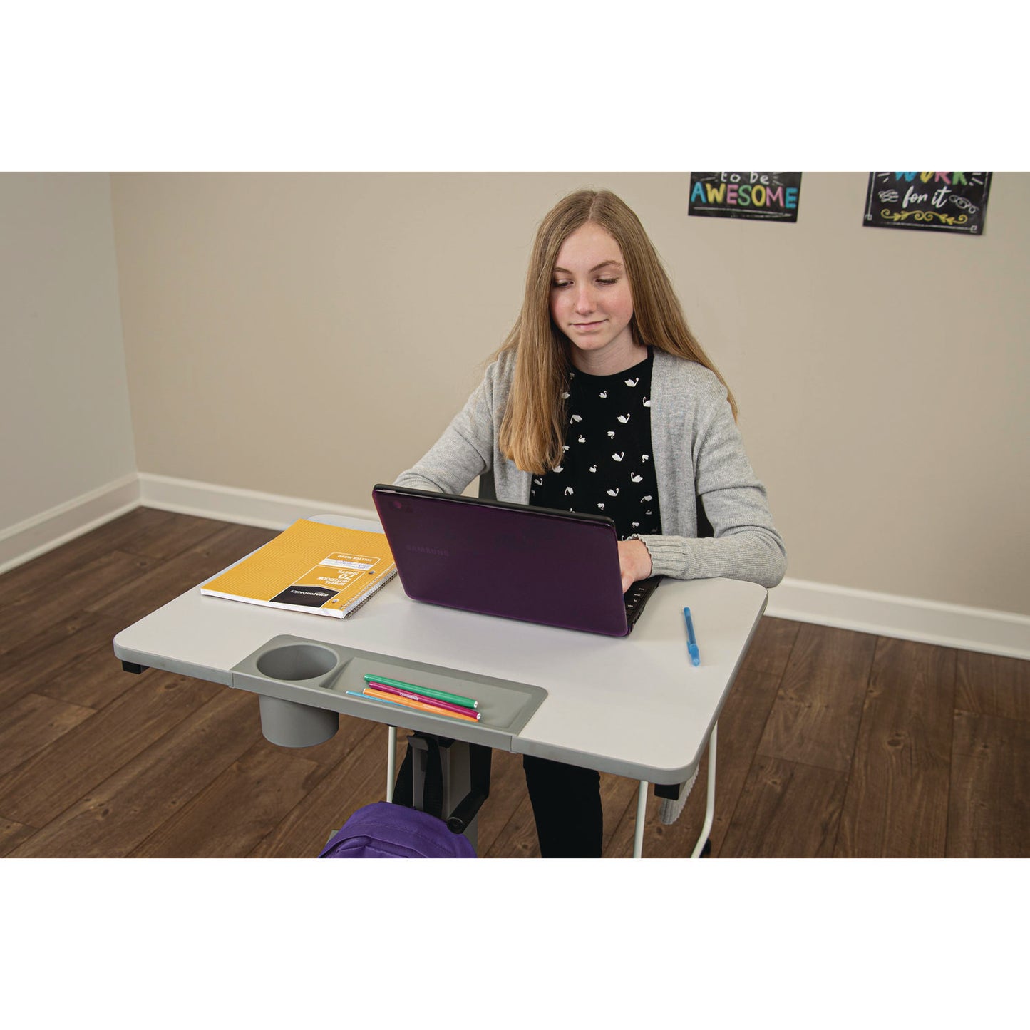 Luxor Sit Stand Student Desk with Crank Handle, 27.5 x 19.5 x 26.25 to 42, White/Gray (LXCSTUDENTC)