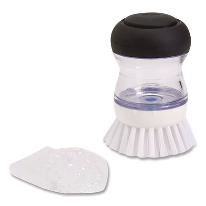 OXO Good Grips Soap Dispensing Palm Brush, White Nylon Bristles, 4" Brush, Clear/Black Handle (OXO36481)