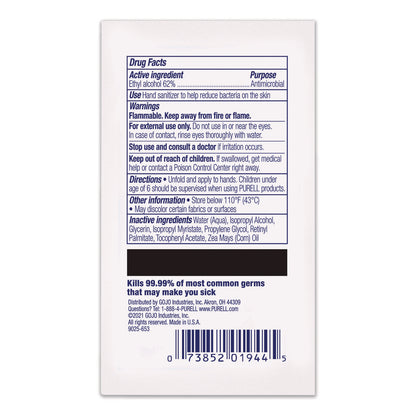PURELL® Cottony Soft Individually Wrapped Sanitizing Hand Wipes, 5 x 7, Herbal Scent, White, 480/Carton (GOJ902512)