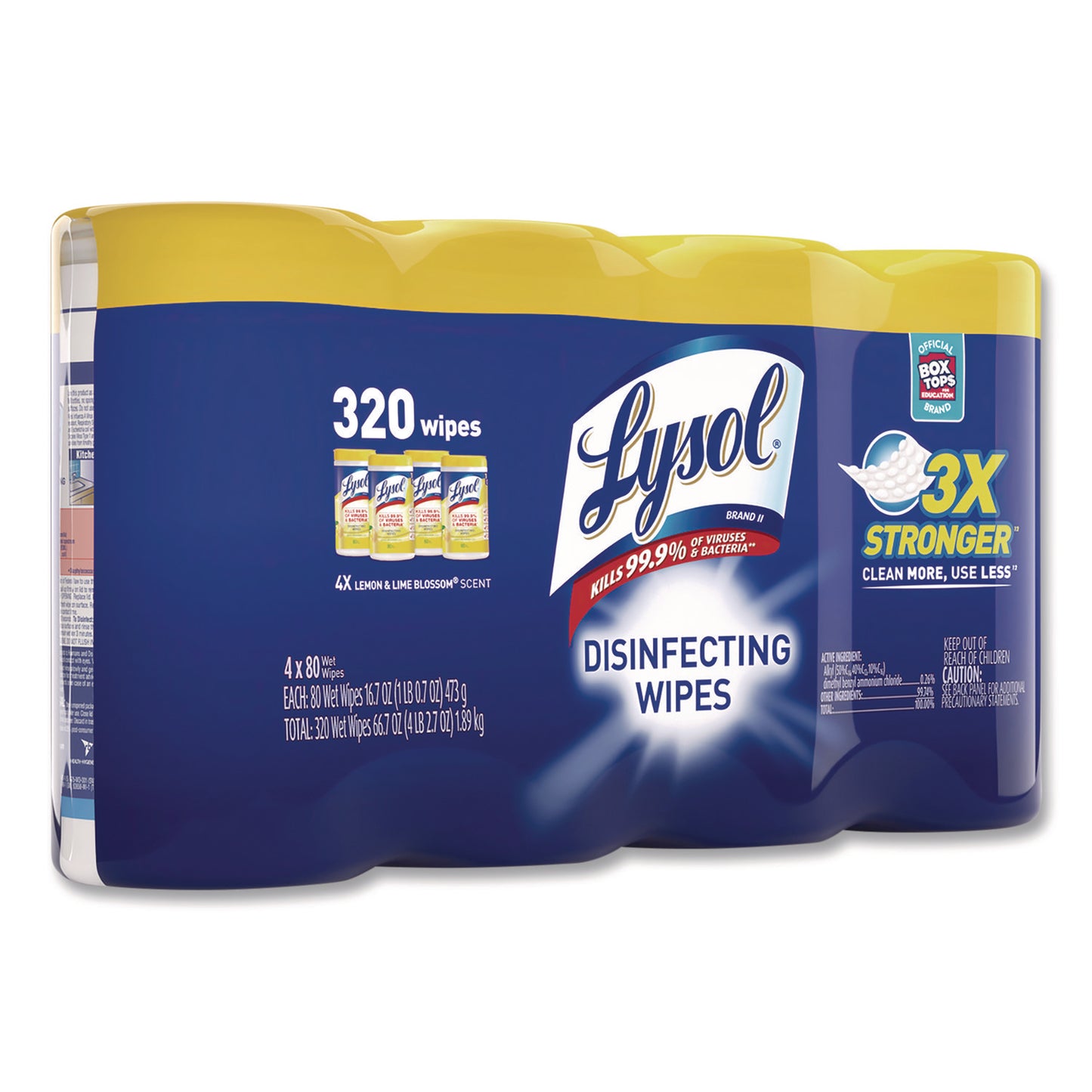 LYSOL® Brand Disinfecting Wipes, 1-Ply, 7 x 7.25, Lemon and Lime Blossom, White, 80 Wipes/Canister, 4 Canisters/Pack (RAC1920090641)