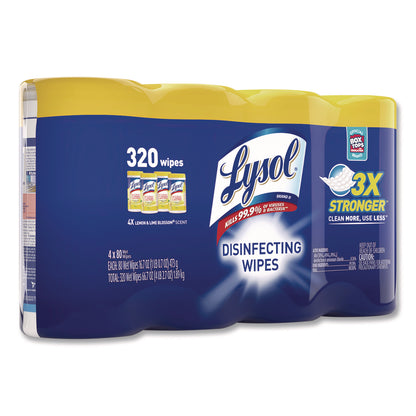 LYSOL® Brand Disinfecting Wipes, 1-Ply, 7 x 7.25, Lemon and Lime Blossom, White, 80 Wipes/Canister, 4 Canisters/Pack (RAC1920090641)