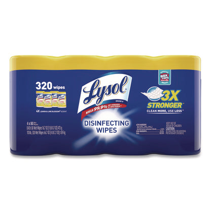 LYSOL® Brand Disinfecting Wipes, 1-Ply, 7 x 7.25, Lemon and Lime Blossom, White, 80 Wipes/Canister, 4 Canisters/Pack (RAC1920090641)