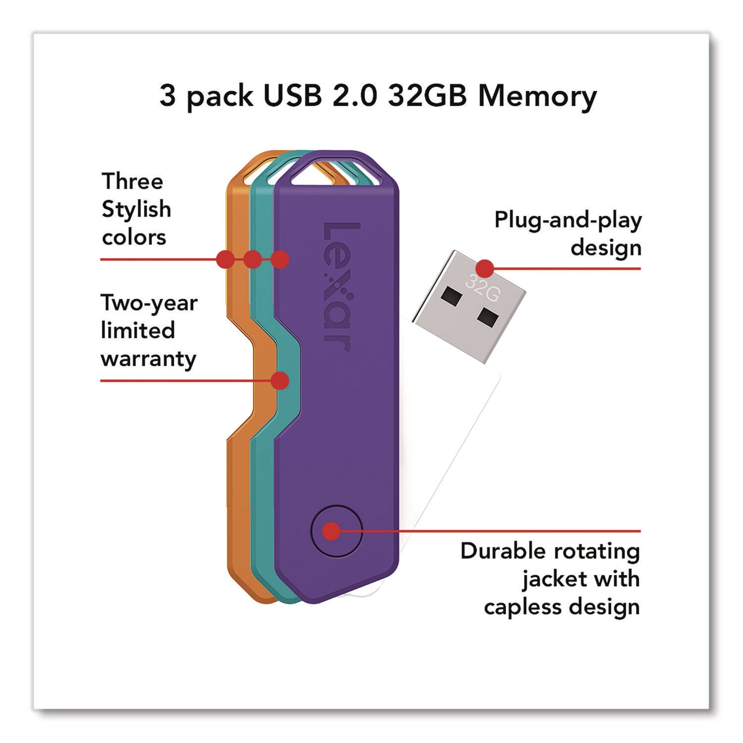 Lexar™ Twist Turn2 USB 2.0 Flash Drive, 32 GB, Orange/Purple/Teal, 3/Pack (LXR24388082)