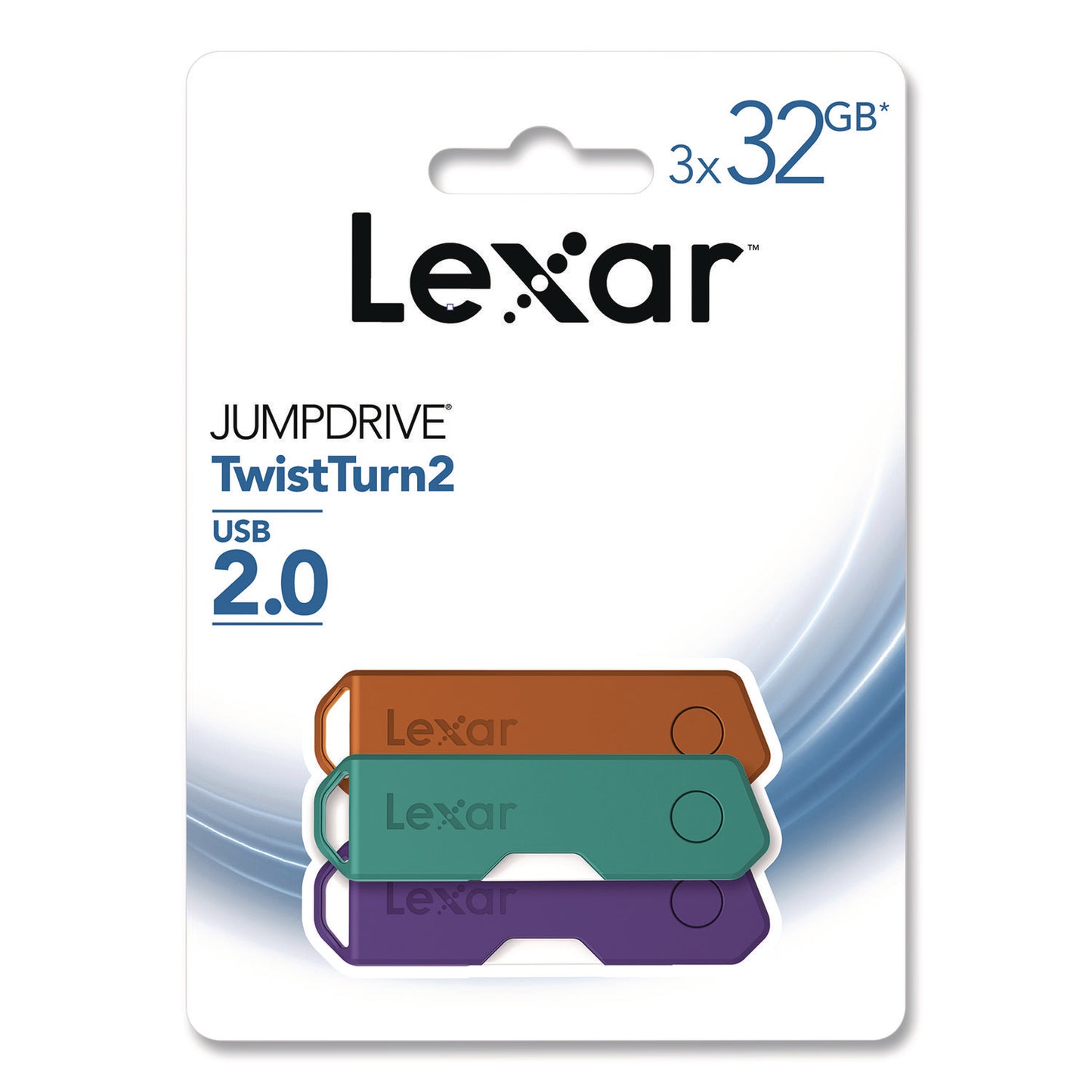 Lexar™ Twist Turn2 USB 2.0 Flash Drive, 32 GB, Orange/Purple/Teal, 3/Pack (LXR24388082)