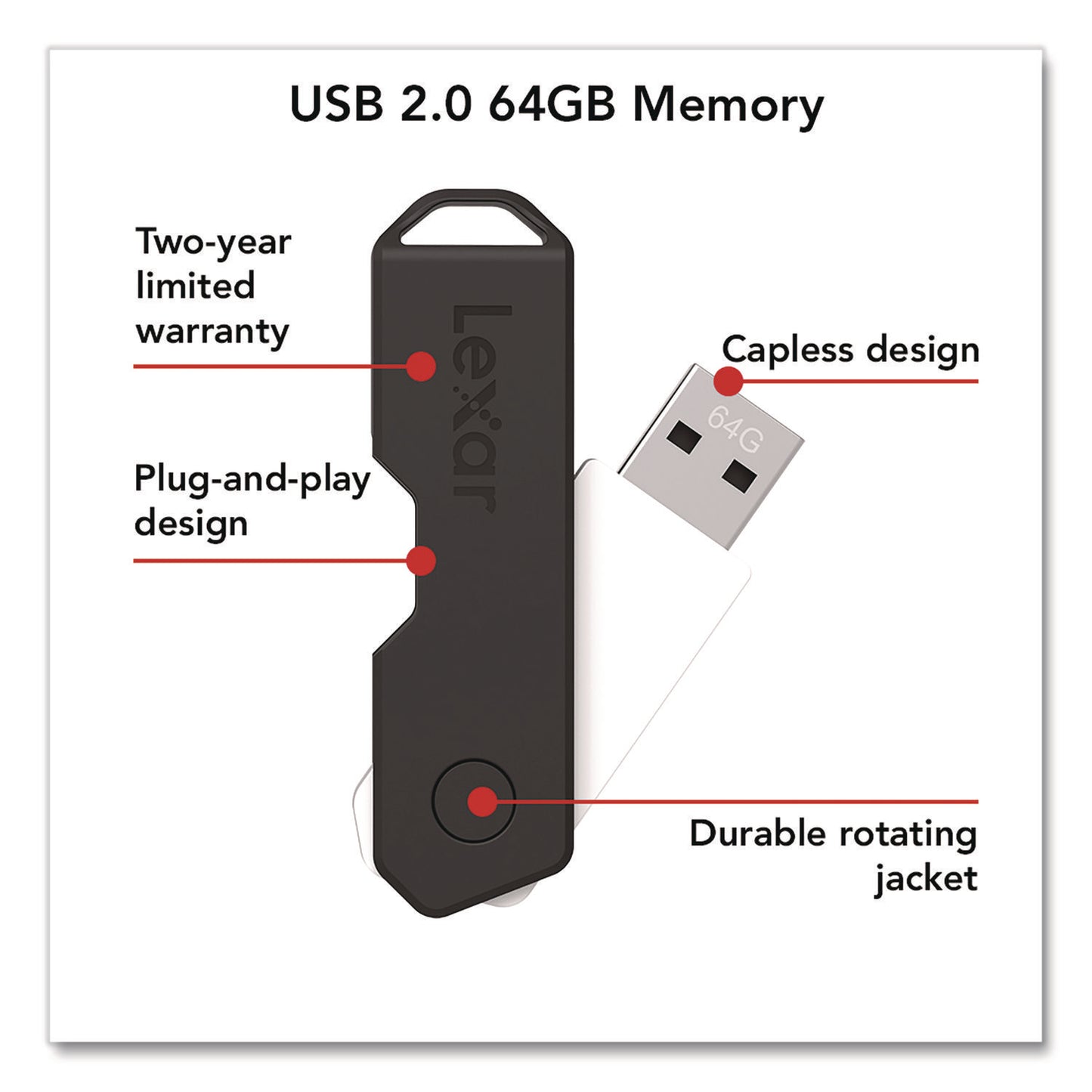 Lexar™ Twist Turn2 USB 2.0 Flash Drive, 64 GB, Black (LXR24388079)
