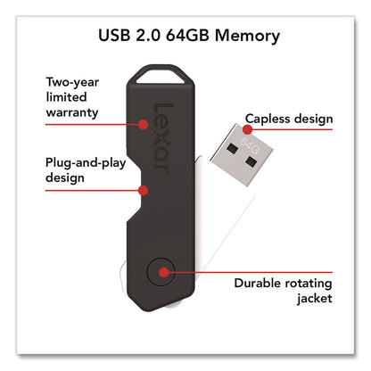 Lexar™ Twist Turn2 USB 2.0 Flash Drive, 64 GB, Black (LXR24388079)