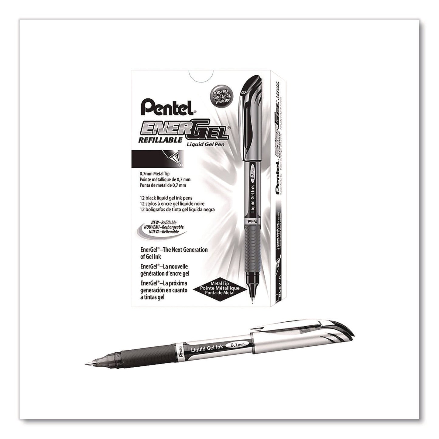 pentel-r-energel-deluxe-gel-pen-stick-medium-0-7-mm-black-ink-silver-black-barrel-dozen-penbl57adz_3