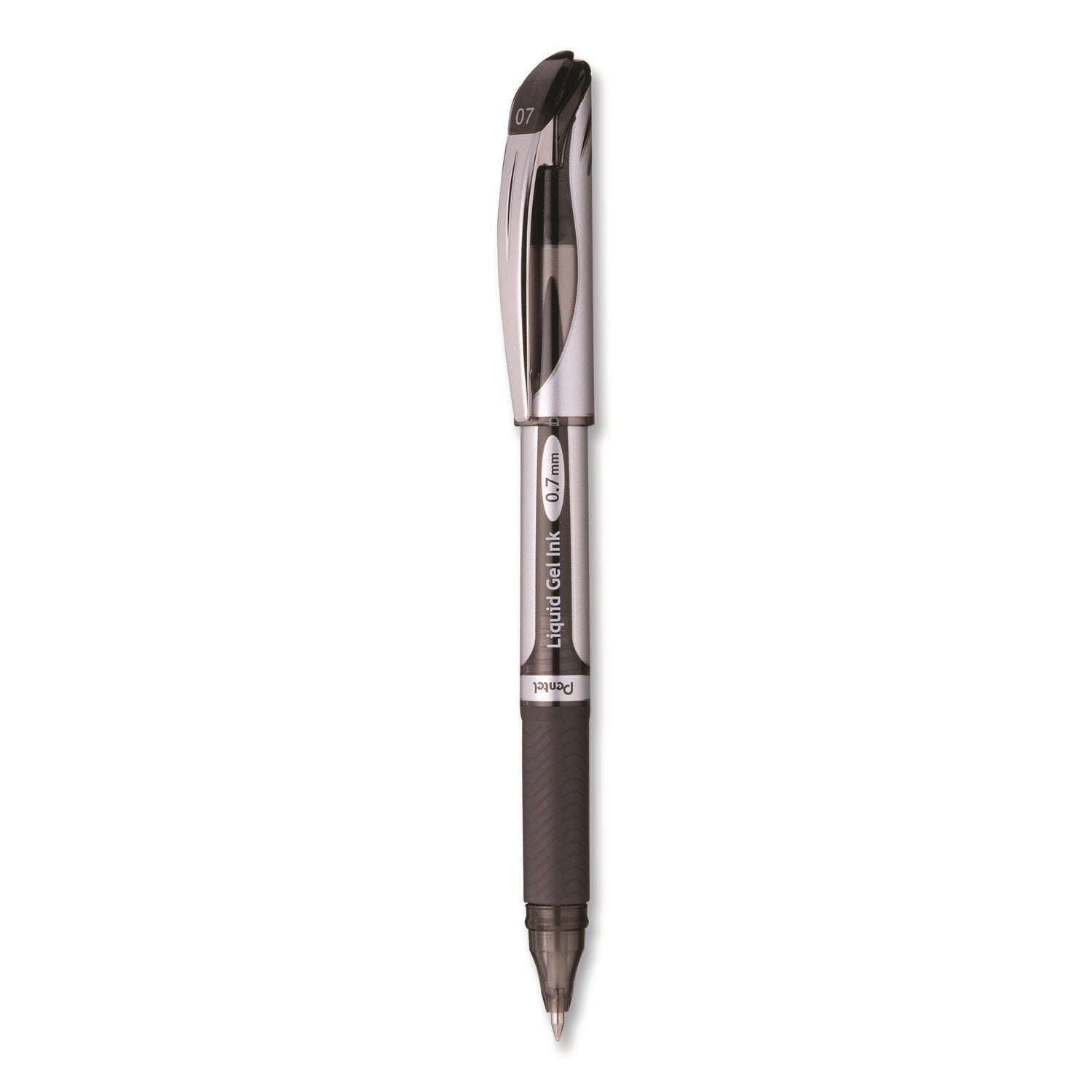 pentel-r-energel-deluxe-gel-pen-stick-medium-0-7-mm-black-ink-silver-black-barrel-dozen-penbl57adz_4