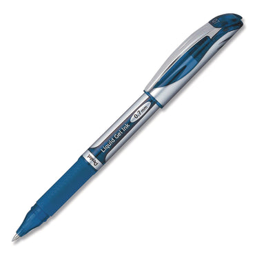 pentel-r-energel-deluxe-gel-pen-stick-medium-0-7-mm-blue-ink-silver-blue-barrel-dozen-penbl57cdz_2