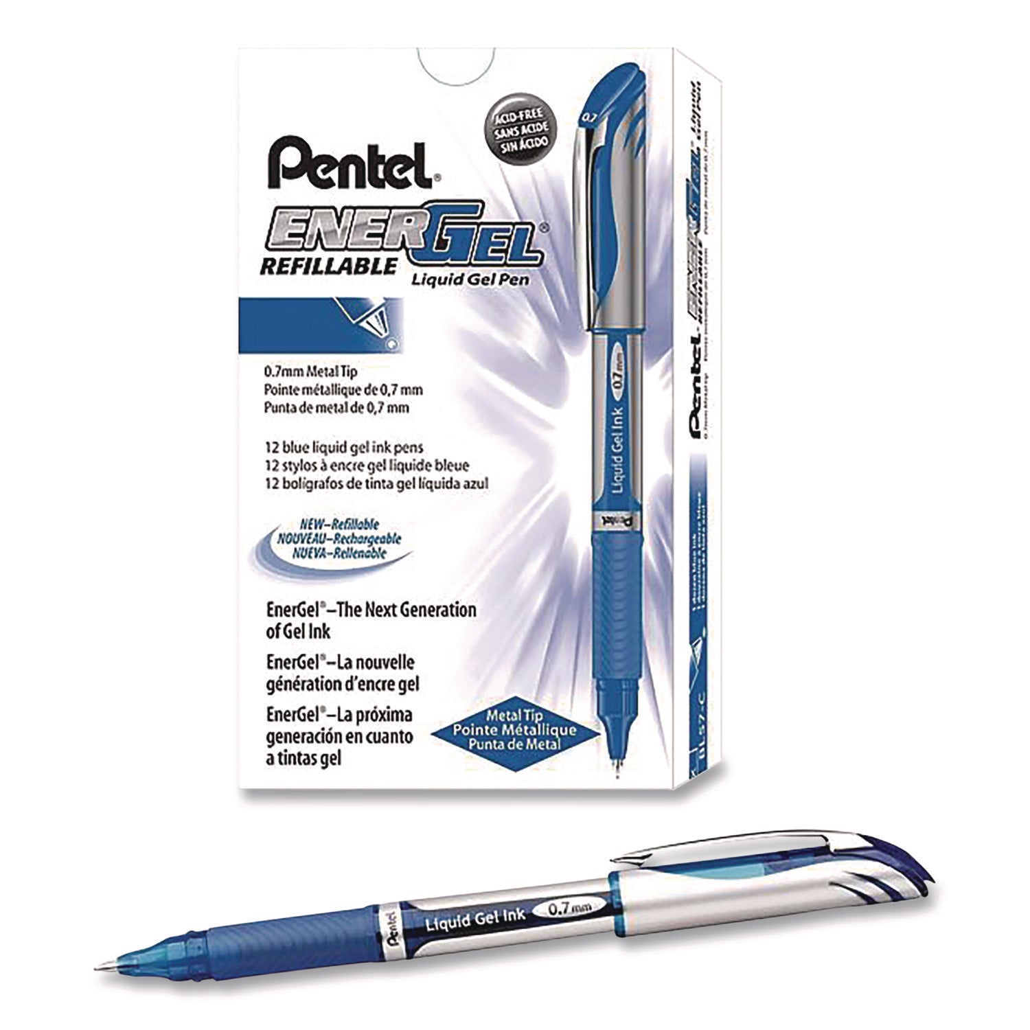 pentel-r-energel-deluxe-gel-pen-stick-medium-0-7-mm-blue-ink-silver-blue-barrel-dozen-penbl57cdz_4