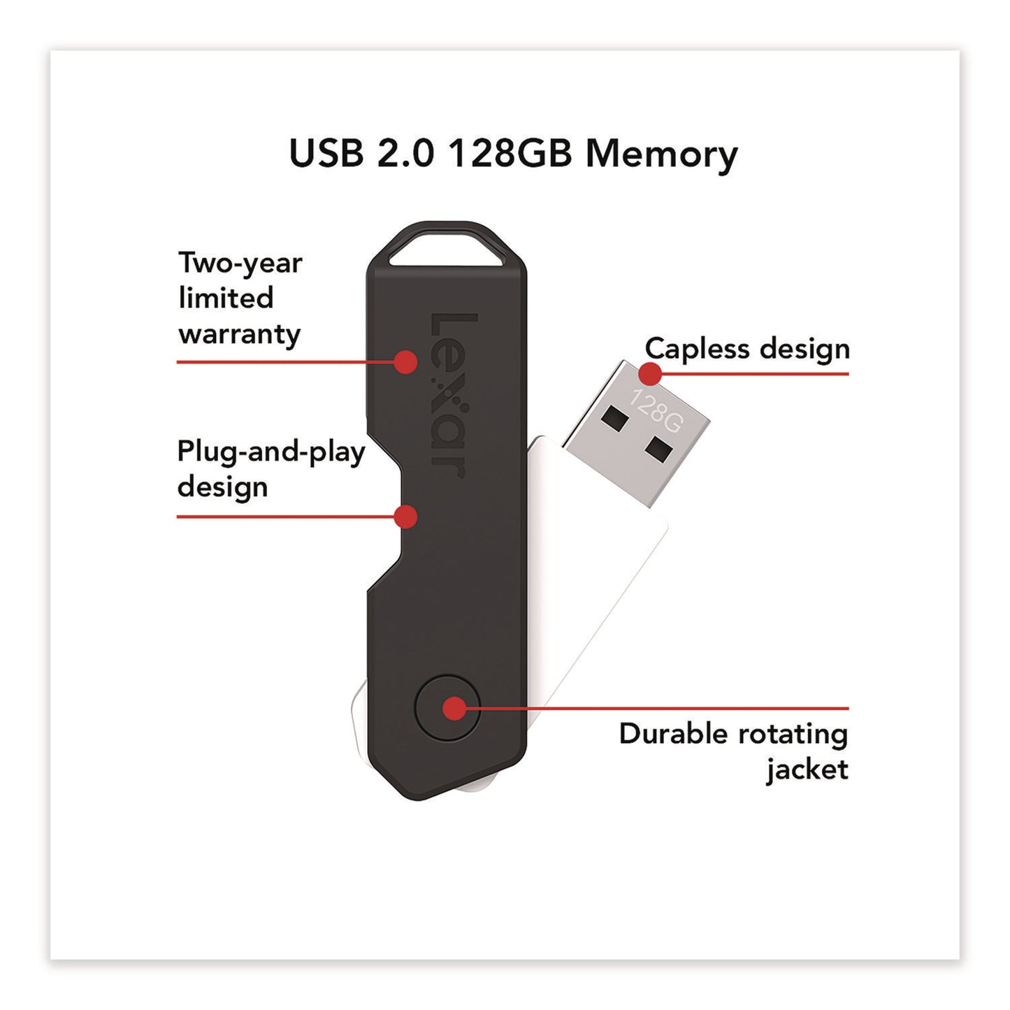 Lexar™ Twist Turn2 USB 2.0 Flash Drive, 128 GB, Black (LXR24388081)