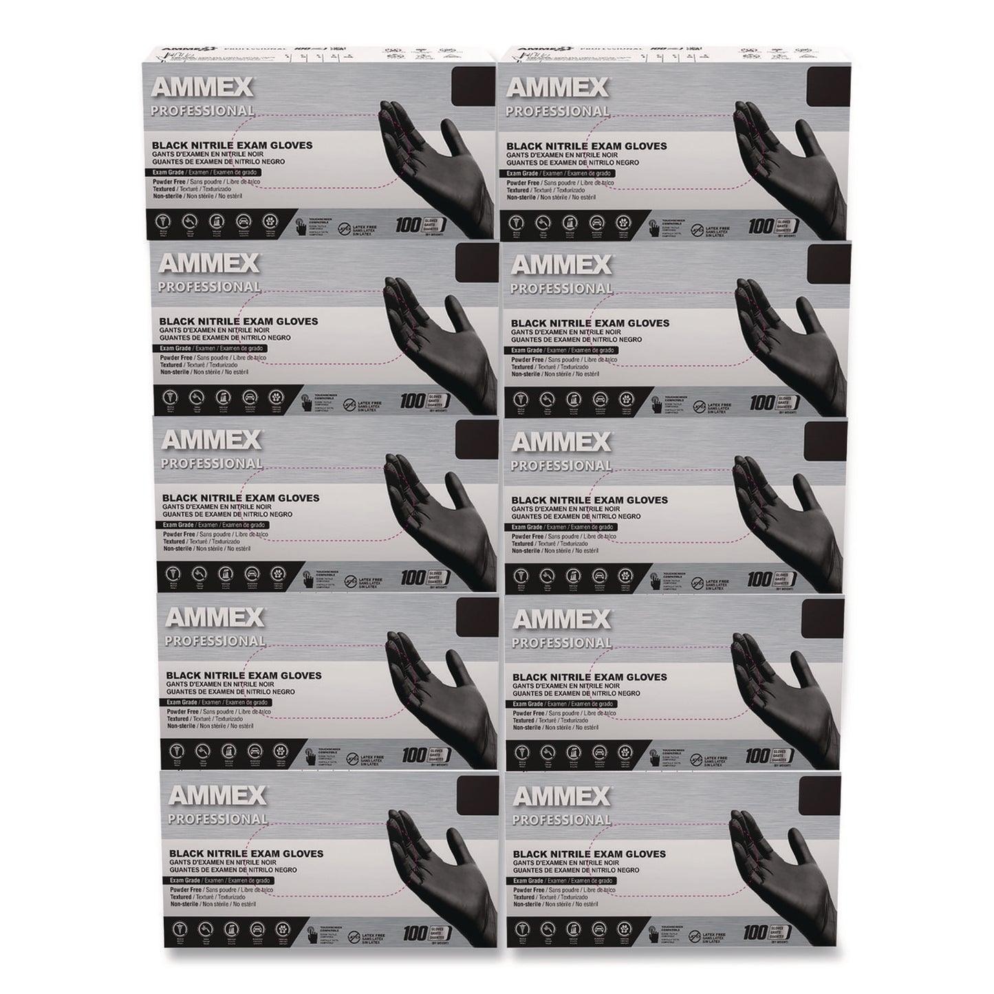 AMMEX® Professional Nitrile Exam Gloves, Powder-Free, Medium, 3 mil Thick, 9.5" Long, Black, 100/Box, 10 Boxes/Carton (AXCABNPF44100CT)