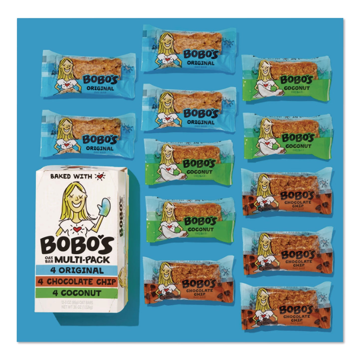 Bobo's Oat Bar Coconut/Chocolate Chip/Original Multipack, 3 oz Individually Wrapped, 12/Box (BBO00098)