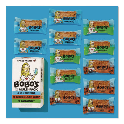 Bobo's Oat Bar Coconut/Chocolate Chip/Original Multipack, 3 oz Individually Wrapped, 12/Box (BBO00098)