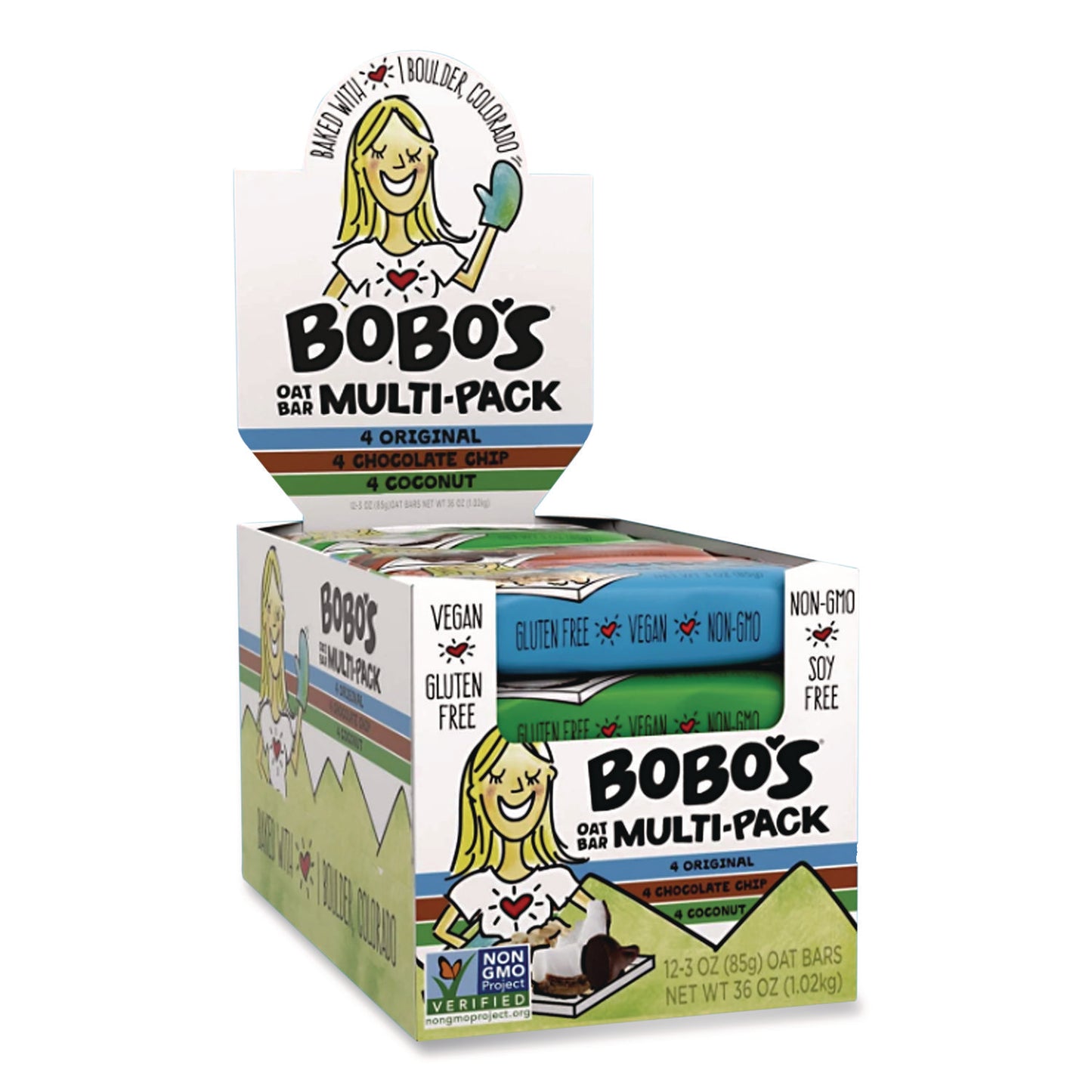 Bobo's Oat Bar Coconut/Chocolate Chip/Original Multipack, 3 oz Individually Wrapped, 12/Box (BBO00098)