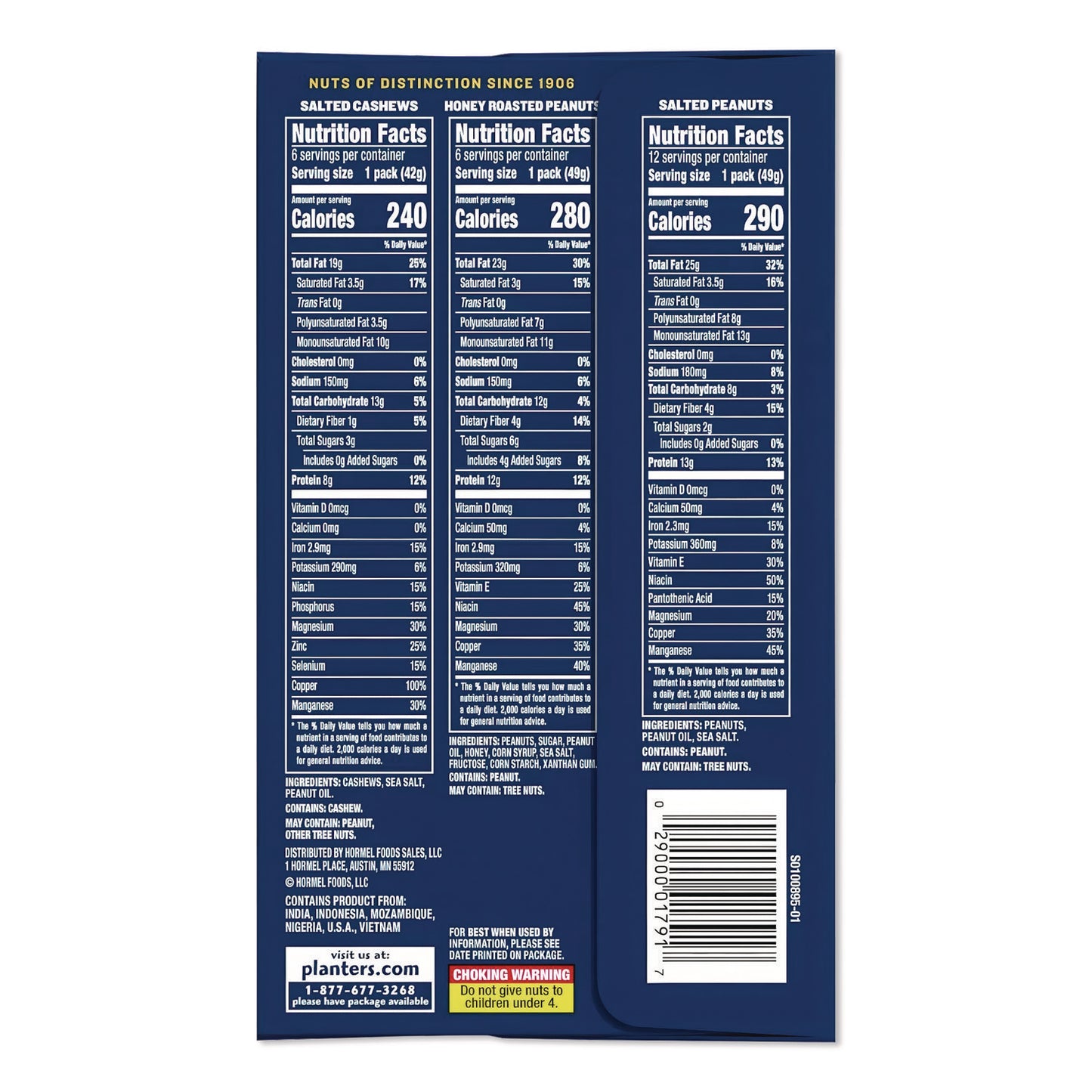 Planters® Salted Nuts Variety Pack, Assorted Flavors, 1.5 oz/1.75 oz Packs, 24/Carton (PTN884624)