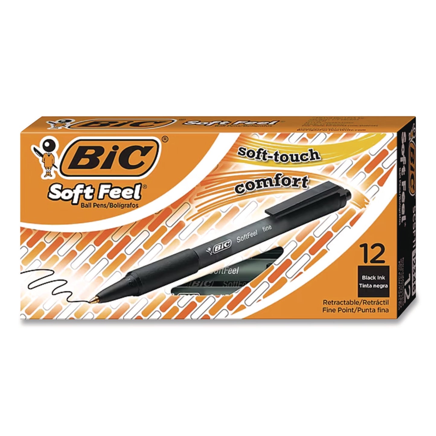 BIC® Soft Feel Ballpoint Pen, Retractable, Fine 0.8 mm, Black Ink, Black Barrel, Dozen (BICSCSF11BK)