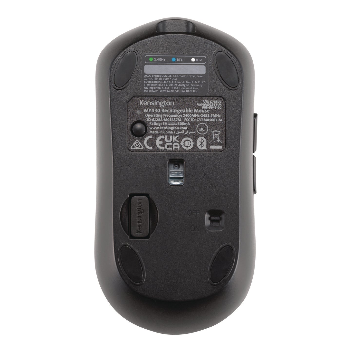 Kensington® MY430 EQ Multi-Device Rechargeable Wireless Mouse, 2.4 GHz Frequency/6 ft Wireless Range, Left/Right Hand Use, Black (KMW75507)