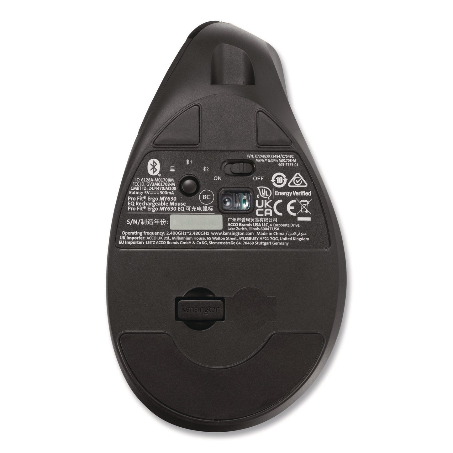 Kensington® Pro Fit Ergo MY630 EQ Rechargeable Mouse, 2.4 GHz/30 ft Wireless Range, Right Hand Use, Black (KMW72484)