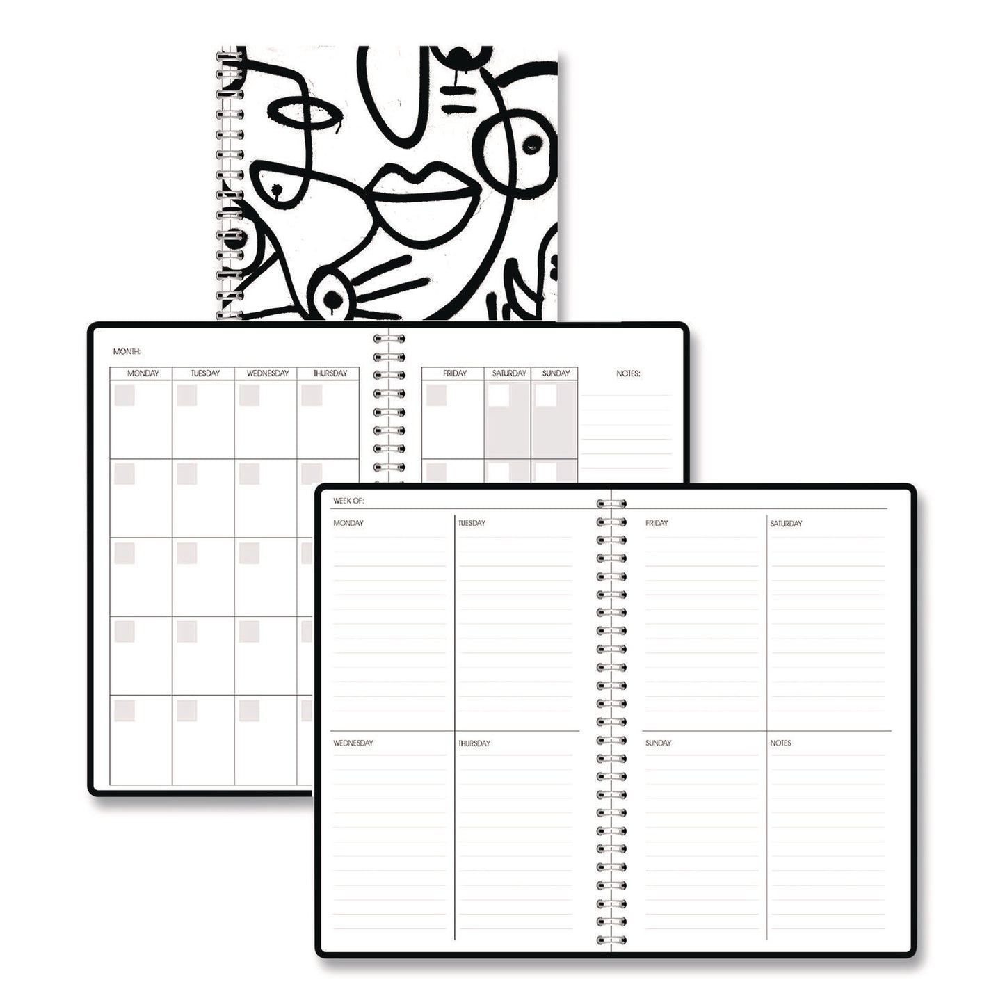 House of Doolittle™ Recycled Non-Dated Monthly/Weekly Planner, Abstract Faces, Black/White Cover, Undated (HOD212141)