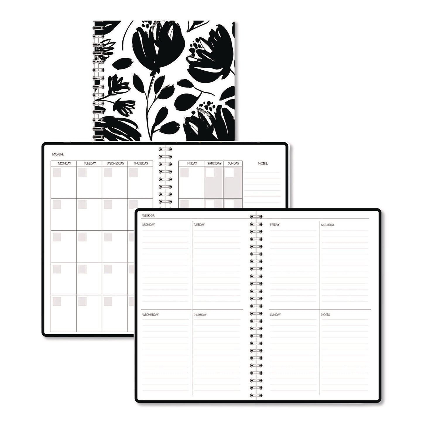 House of Doolittle™ Recycled Non-Dated Monthly/Weekly Planner, Black and White Floral, Black/White Cover, Undated (HOD212149)
