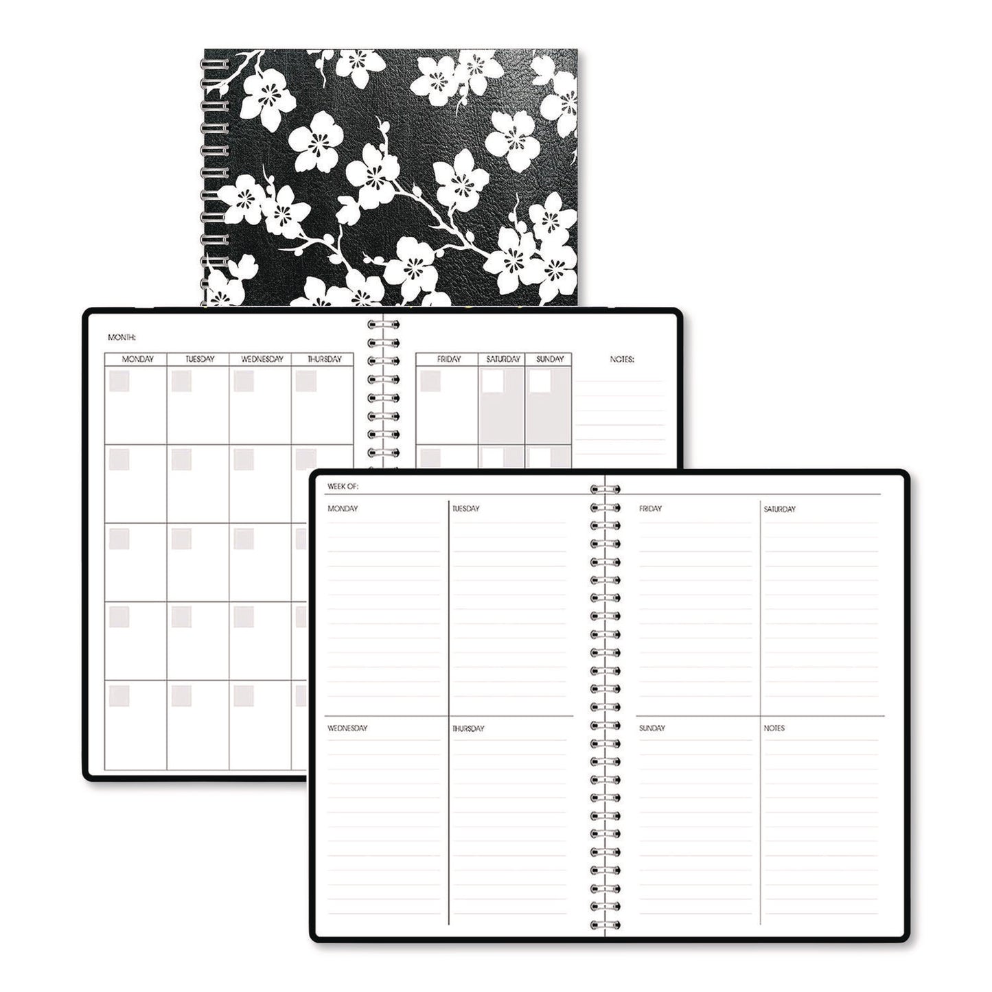 House of Doolittle™ Recycled Non-Dated Monthly/Weekly Planner, Cherry Blossoms, Black/White Cover, Undated (HOD212152)