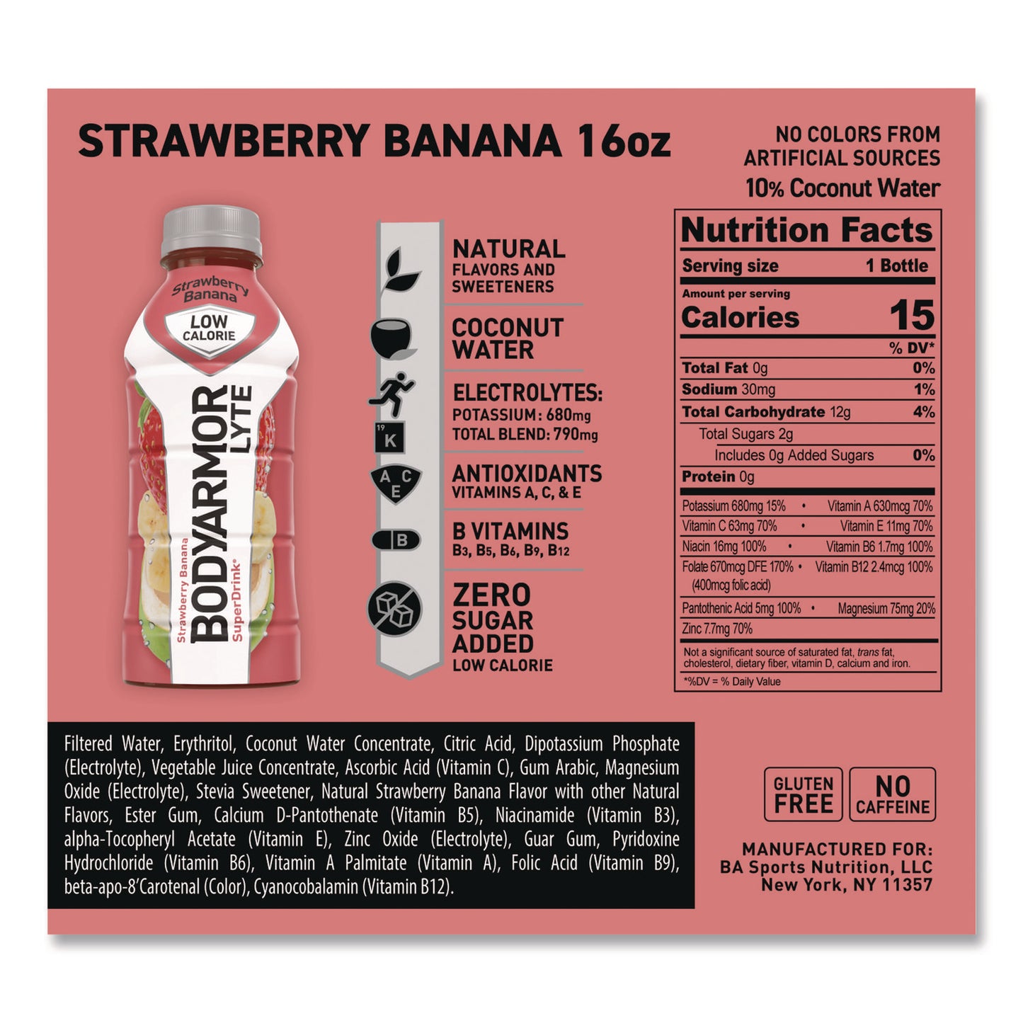 BodyArmor LYTE Sports Drink, Strawberry Banana, 16 oz Bottle, 12/Pack (BDA411896)