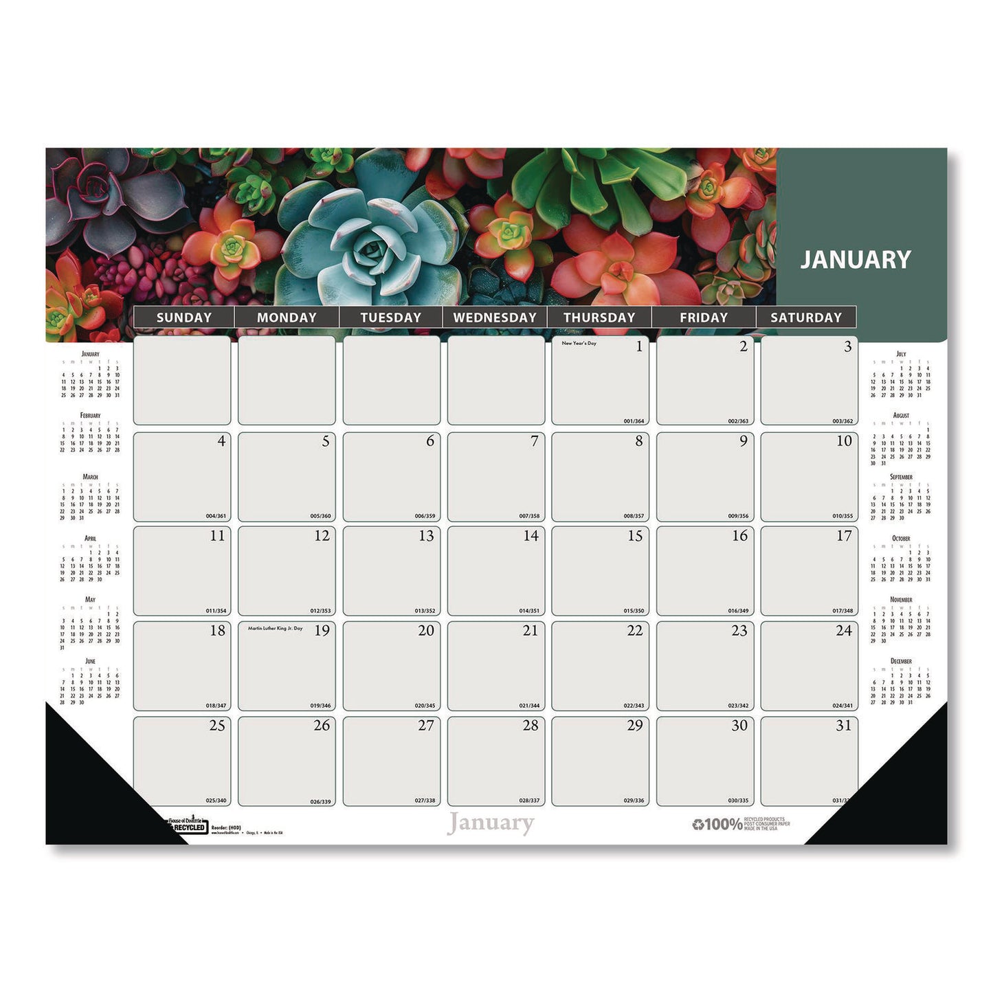 House of Doolittle™ Recycled Succulent and Cacti Desk Pad Calendar, 17 x 22, Multicolor Sheets, Black Corners, 12-Month (Jan to Dec): 2026 (HOD121)