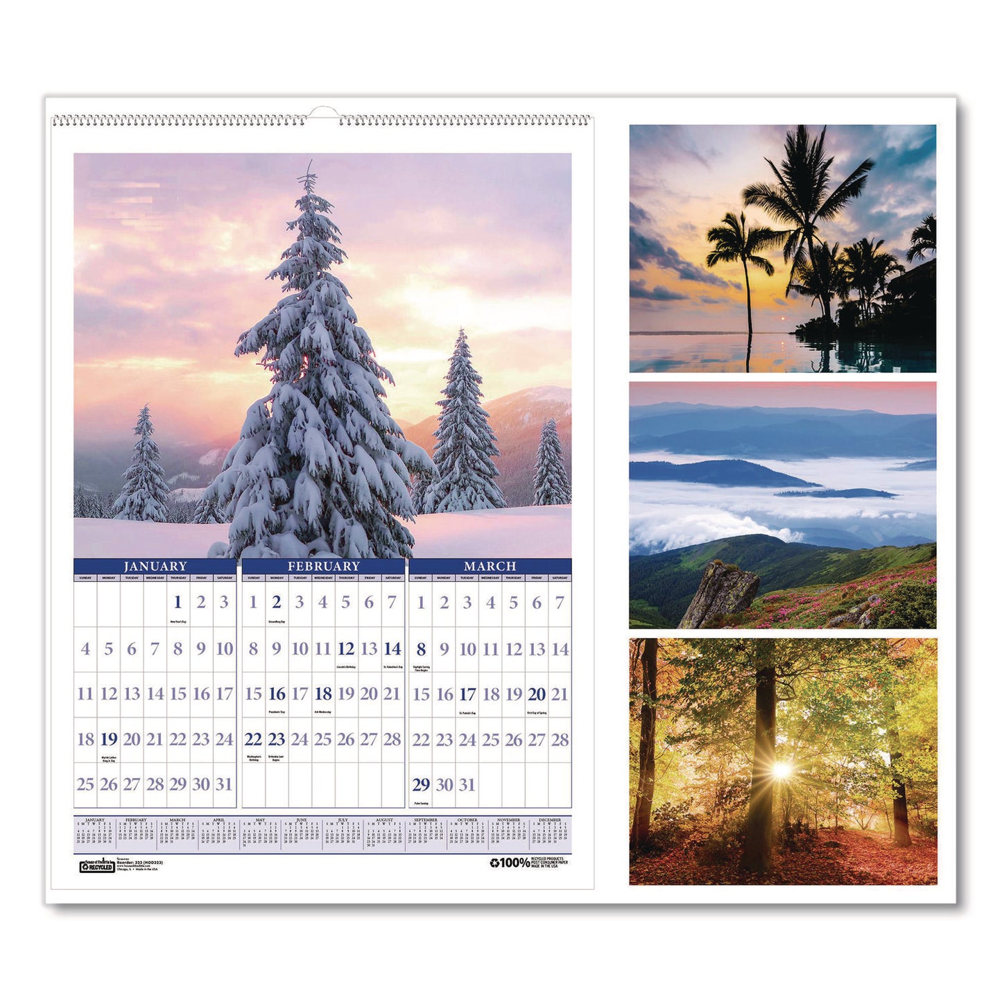 House of Doolittle™ Recycled Three-Month Season Wall Calendar, 12 x 16.5, Multicolored Sheets, 14-Month: Dec 2025 to Jan 2027 (HOD323)