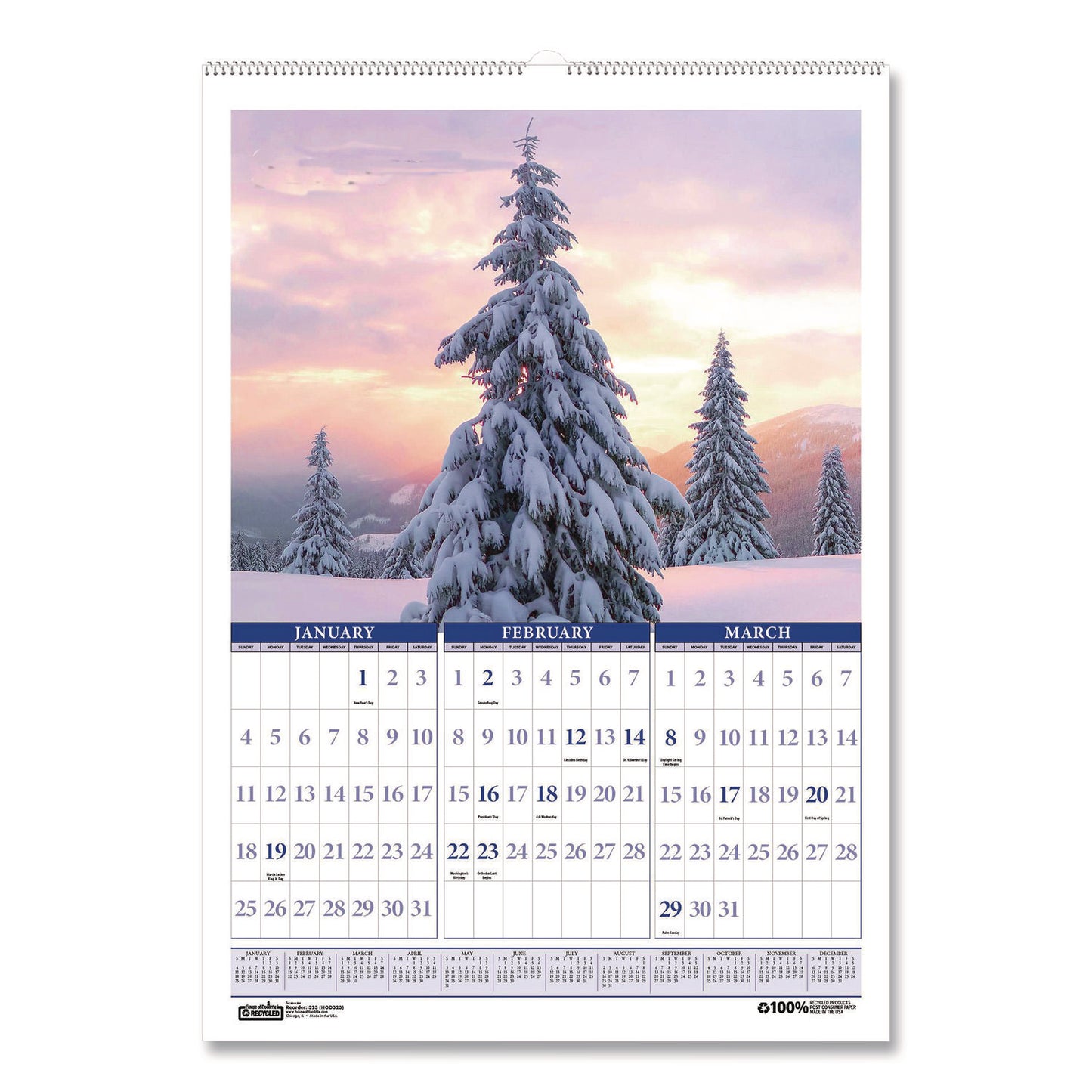 House of Doolittle™ Recycled Three-Month Season Wall Calendar, 12 x 16.5, Multicolored Sheets, 14-Month: Dec 2025 to Jan 2027 (HOD323)