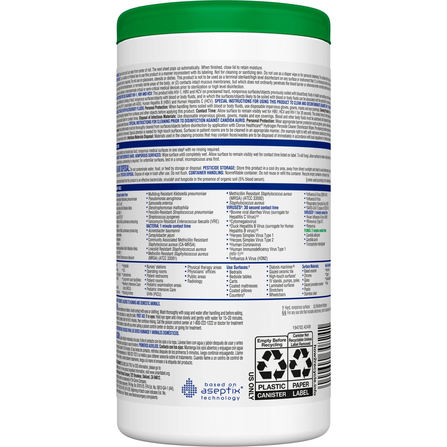Clorox Healthcare® Surface Disinfectant Cleaner Premoistened Hydrogen Peroxide Based Manual Pull Wipe 95 Count Canister Unscented NonSterile (800191_CS)