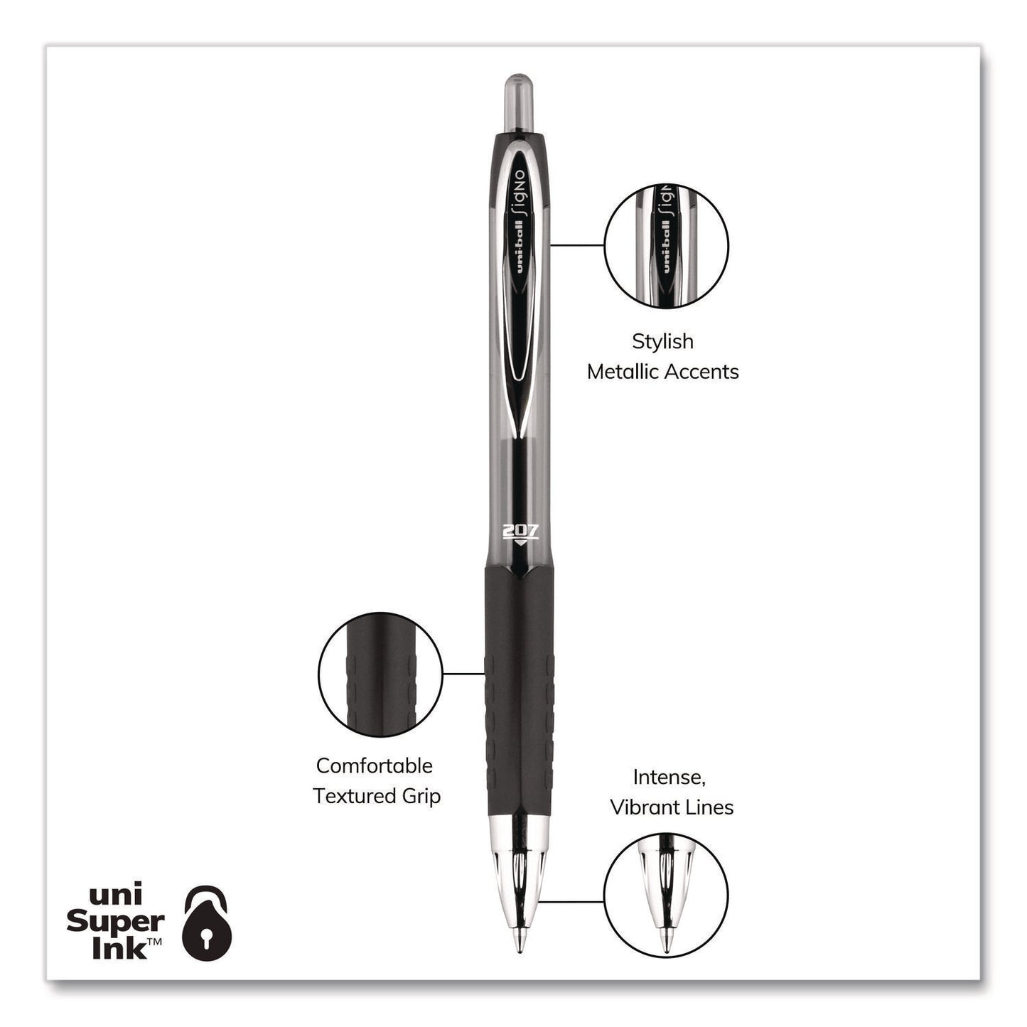 uniball® Signo 207 Gel Pen, Retractable, Medium 0.7 mm, Black Ink, Clear/Black Barrel, 5/Pack (UBC1960239)