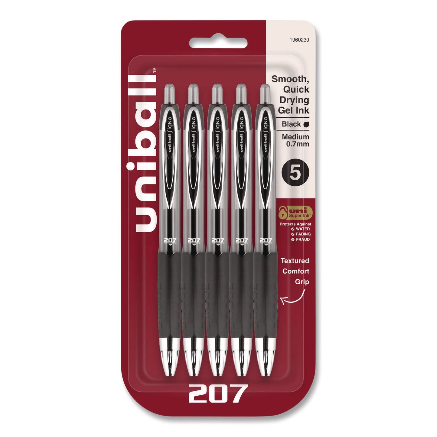 uniball® Signo 207 Gel Pen, Retractable, Medium 0.7 mm, Black Ink, Clear/Black Barrel, 5/Pack (UBC1960239)