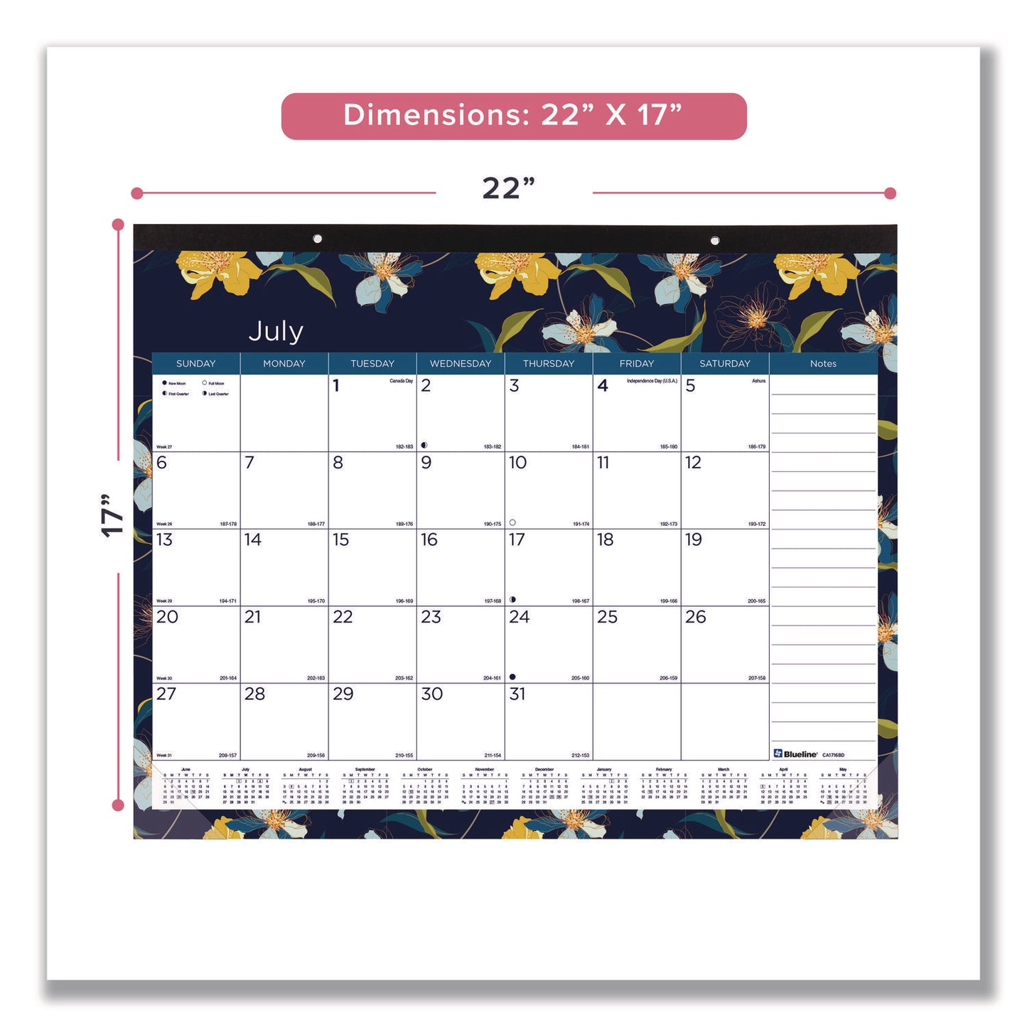 Blueline® Academic 18-Month Desk Pad Calendar, Floral Artwork, 22 x 17, White/Multicolor Sheets, Black Headband, July 2025 to Dec 2026 (REDCA1716BD)