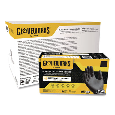 GloveWorks® by AMMEX® Nitrile Exam Gloves, Powder-Free, Large, 7 mil Thick, 9.5" Long, Black, 100/Box, 10 Boxes/Carton (AXCGWBEN46100CT)