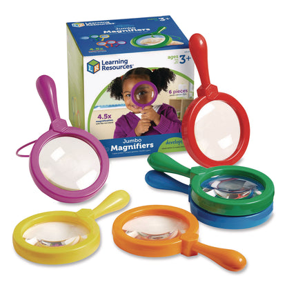 Learning Resources® Jumbo Magnifers Set, 4.5X Plastic Lens, 4.5" dia, Assorted Colors, 6 Magnifiers (LRNLER2774)